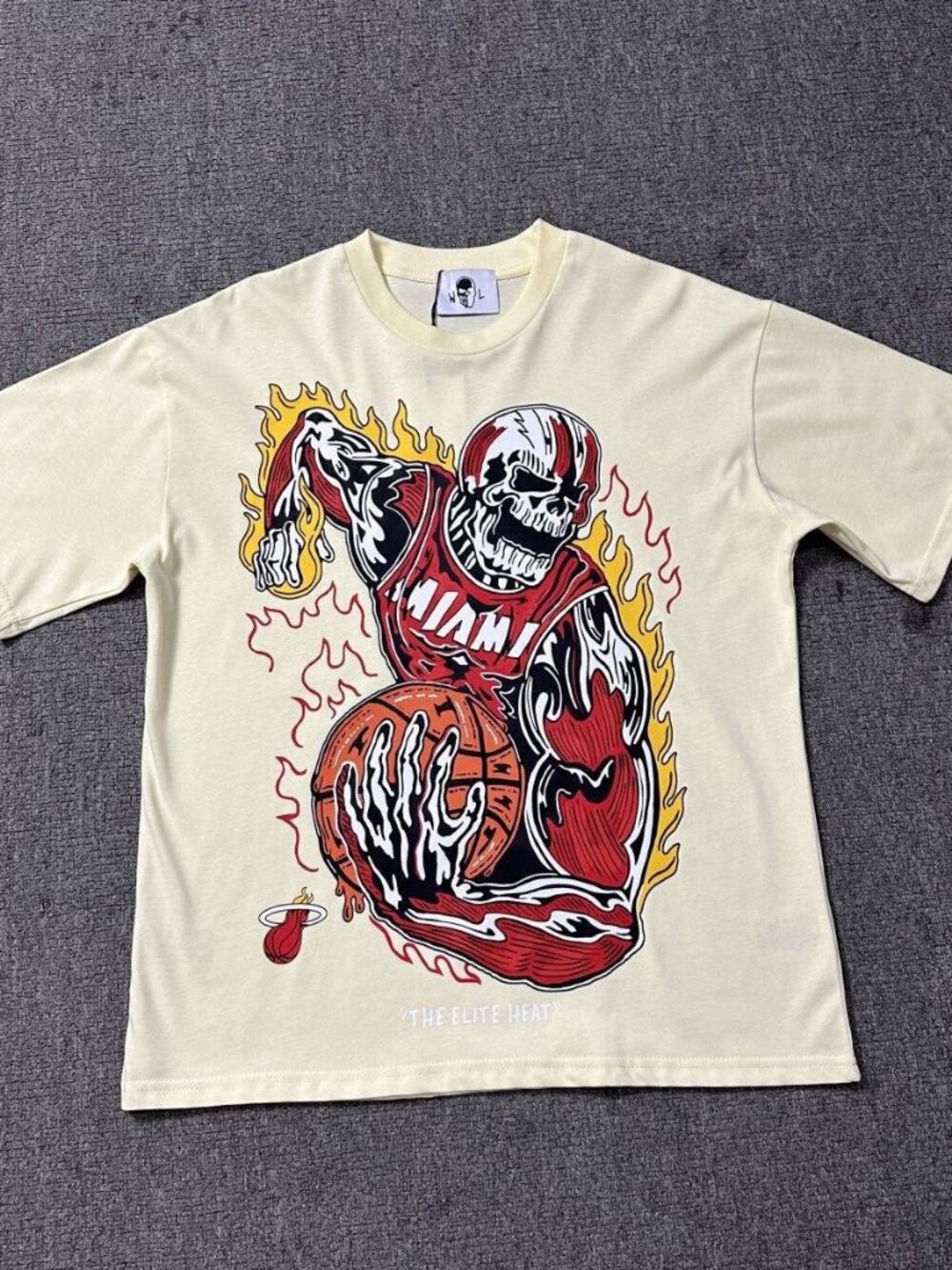 Flaming Skeleton Basketball Tee - Cream Oversized Streetwear Shirt